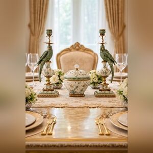 Green & White Hand Painted Porcelain & Bronze Ormolu Parrot Candle Holders